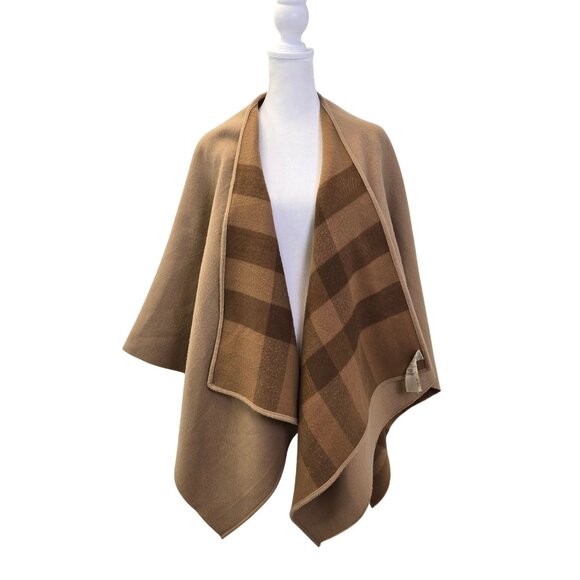 Burberry Jackets & Blazers - Burberry Charlotte Reversible Solid to Check Wool Poncho Cape One Size
